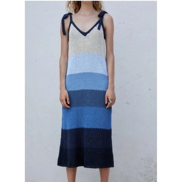 ZARA Crochet Knit Midi Dress S Blue Striped Tie Shoulder Boho Beach Resort NWT - Picture 1 of 15